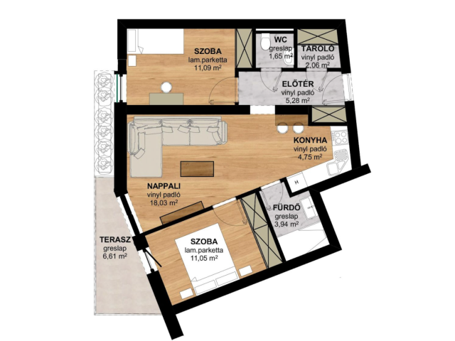 Újépítésű, nappali +2 hálószobás, erkélyes lakás (58+6,6 m²)