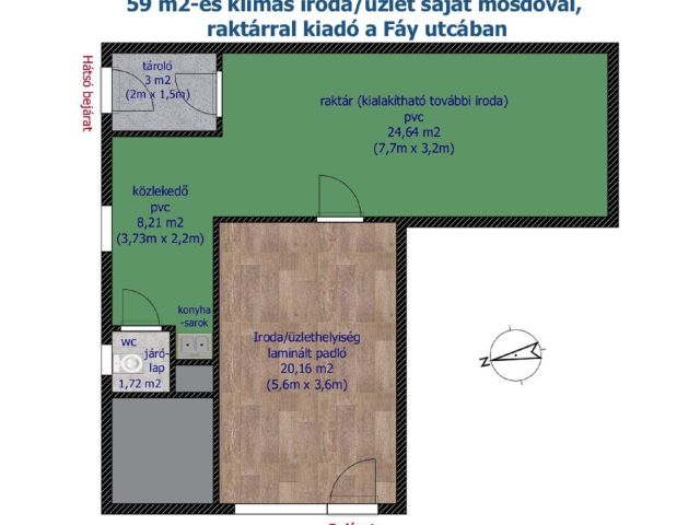 59 m2-es, klímás iroda saját raktárral és mosdóval kiadó